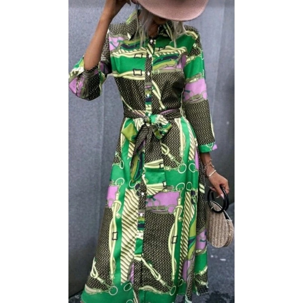 Green Chain Scarf Print Maxi Shirt Dress Size 1XL Belted Retro  Equestrian Style